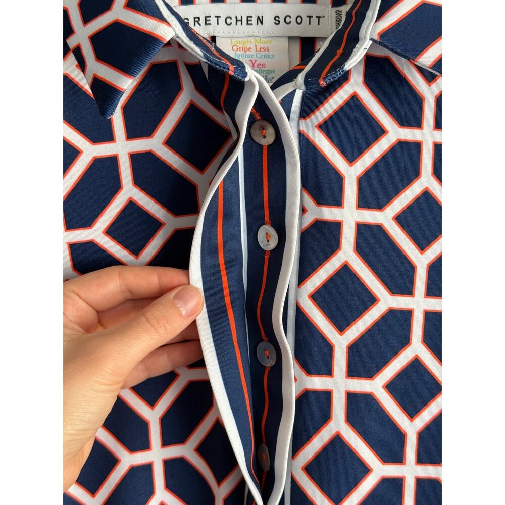 Gretchen Scott SHRIMP Shift Dress Navy Geometric Print 3/4 Sleeve Button Neck - Picture 3 of 6